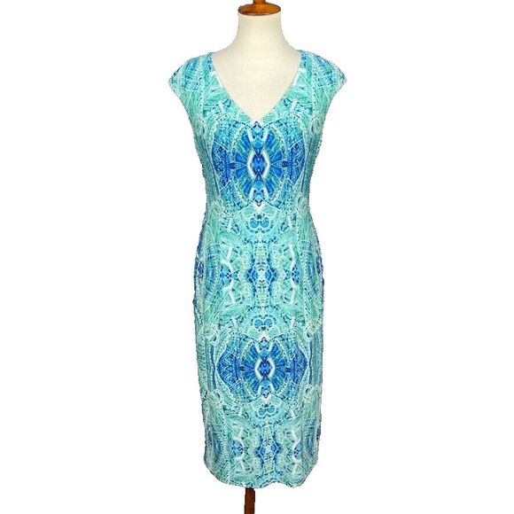 London Times Dress Womens 6 Blue Green Print Column Lined V-Neck‎ Stretch - Picture 1 of 11